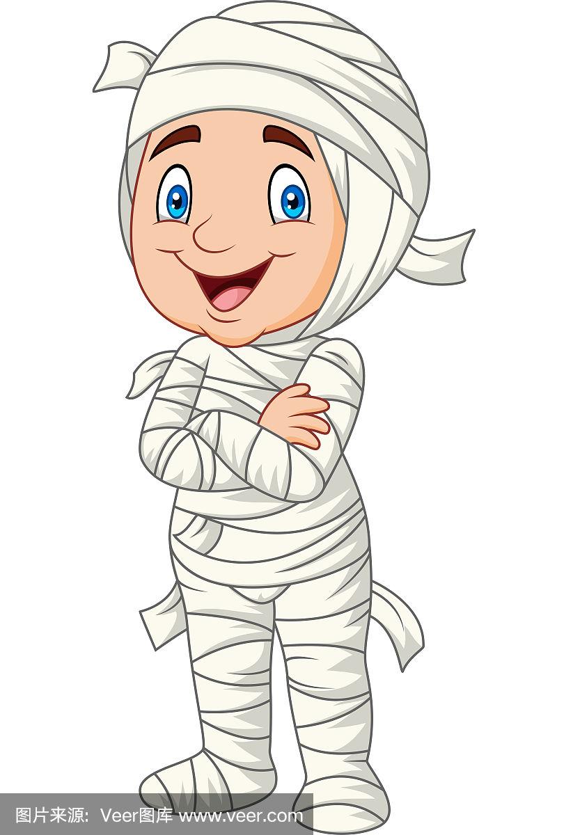 卡通小孩穿着木乃伊服装孤立在白色背景