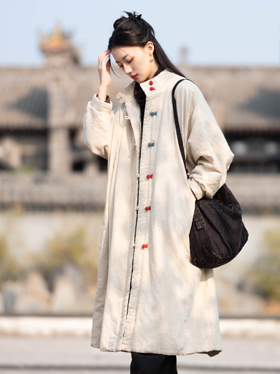23棉麻女装原创新款宽松复古国风砂洗盘扣长款棉服女夹棉保暖棉衣