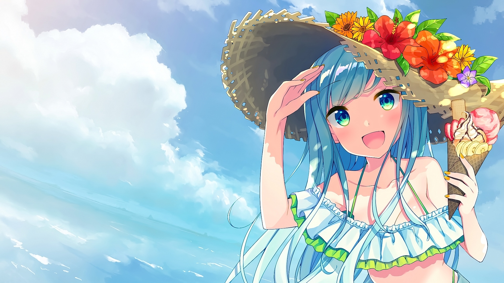 夏日女孩动漫图片沙滩清凉装壁纸