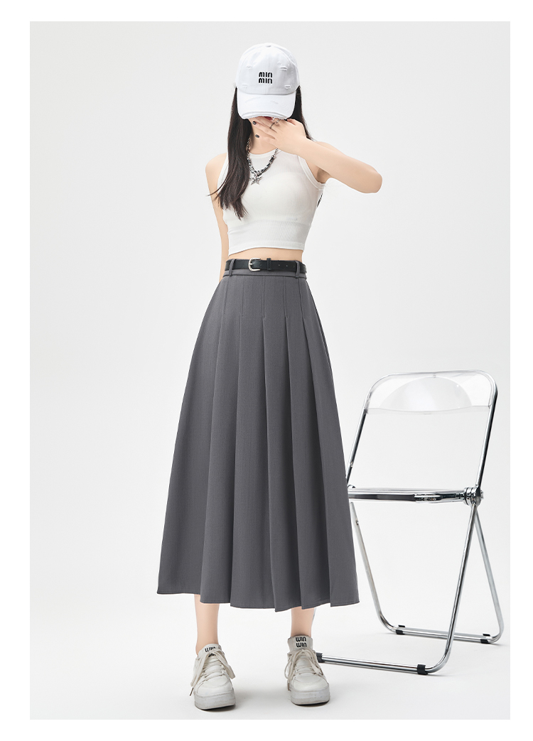 韩系中长款西装裙半身裙女装春季灰色高腰a字伞裙百褶裙长裙子 - 17网