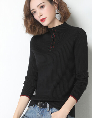 针织打底衫女秋冬新款纯色修身弹力内搭半高领显瘦毛衣女潮黑色m