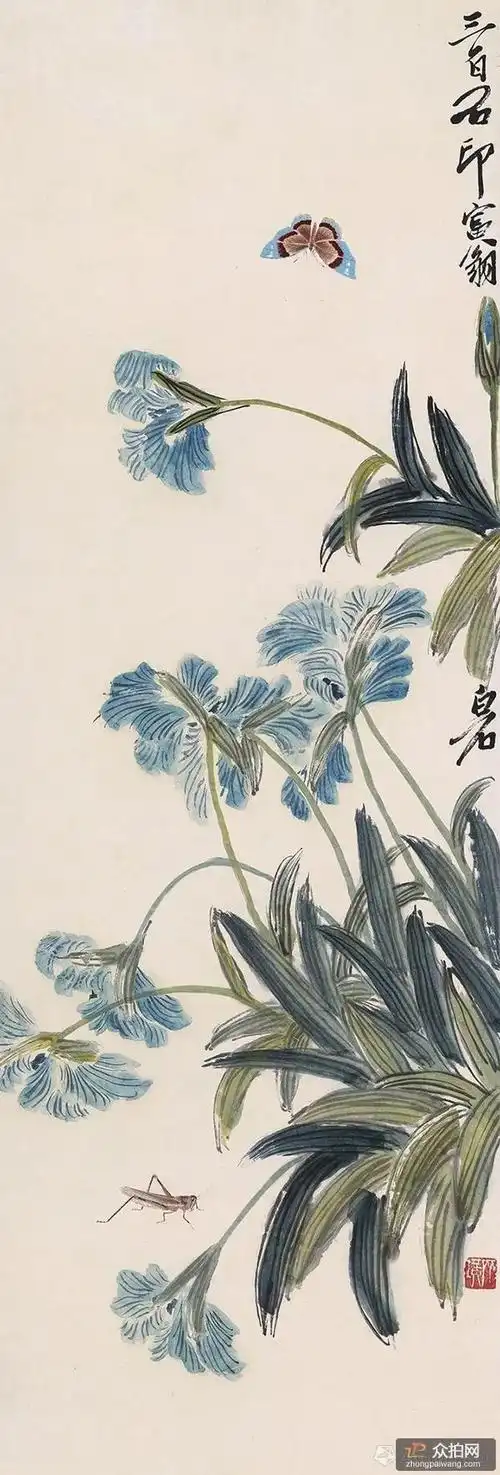 407 齐白石 草虫蝴蝶兰 立轴  设色纸本 100×34 cm
