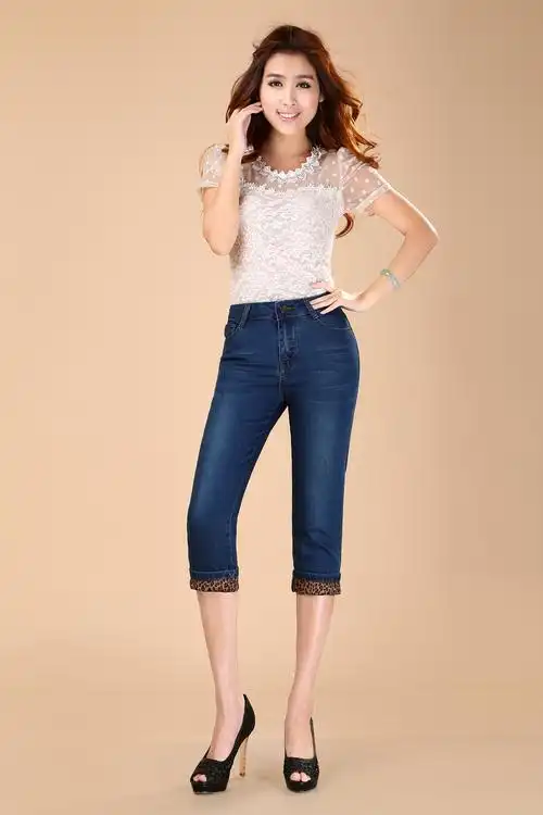 包邮浅蓝色牛仔七分裤女夏弹力修身显瘦翻边牛仔短裤7分大码中裤