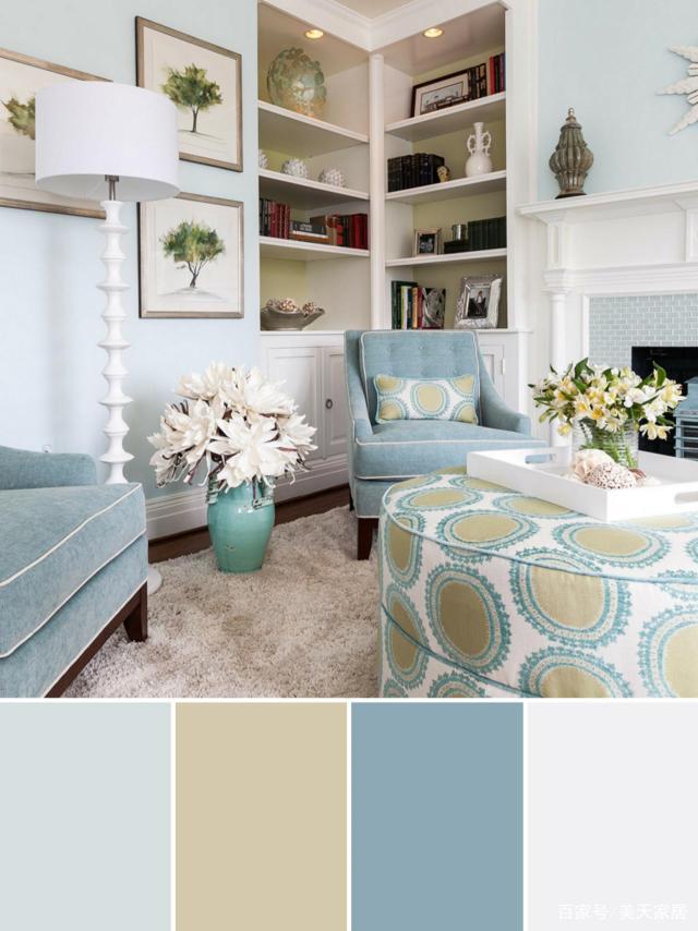 蓝灰色与暖黄色的色彩搭配,以浅蓝灰为主色,暖黄为副色,看到这种颜色