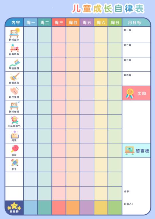 「资料分享」家庭用儿童学习自律表6套,有效提高孩子的自制力