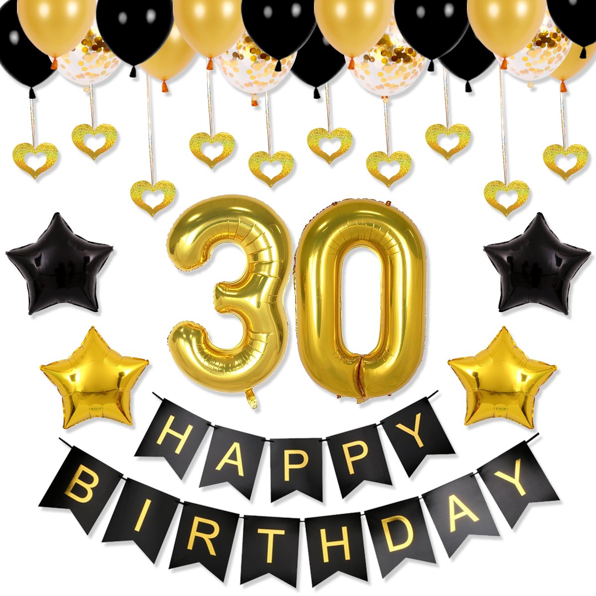 气球背景,生日快乐横幅,30 岁黑色和金色,生日快乐气球,数字气球