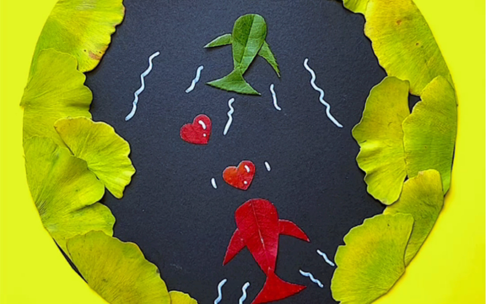 树叶贴画:银杏叶创意《荷塘锦鲤》