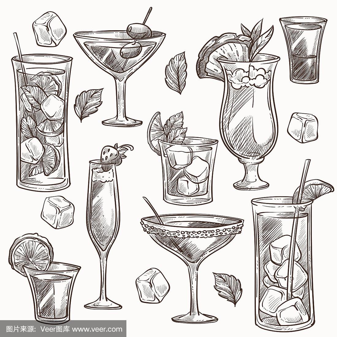鸡尾酒孤立的草图,冰和水果片
