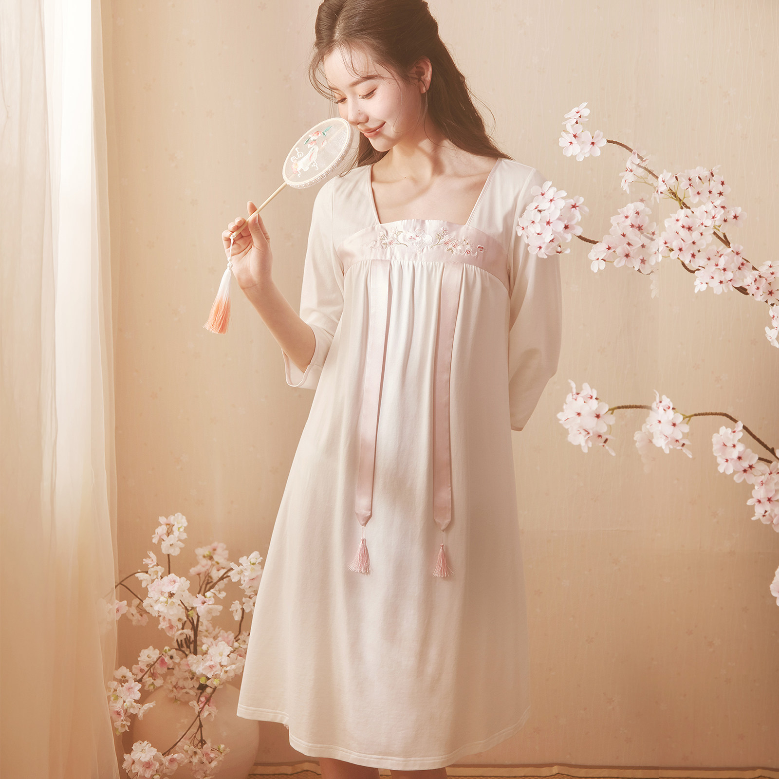 荷箩汉服睡裙女夏季纯棉薄款七分袖国风古风少女睡衣裙2022年新款