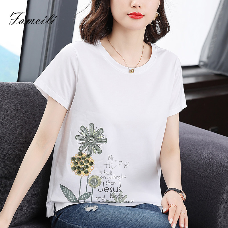 白色短袖t恤女宽松夏装2022新款中年妈妈纯棉刺绣上衣半袖体桖衫