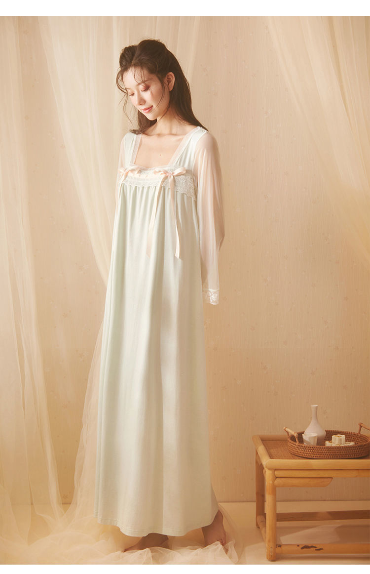 宫廷风汉服睡裙女春秋薄款长袖古风国风齐胸襦裙方领可爱仙女睡衣浅