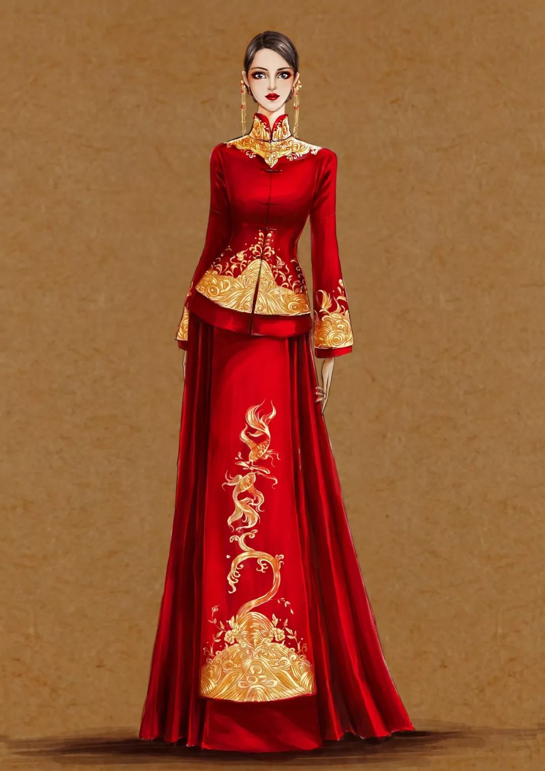 中式婚礼礼服设计手绘效果图情人节骗你结婚