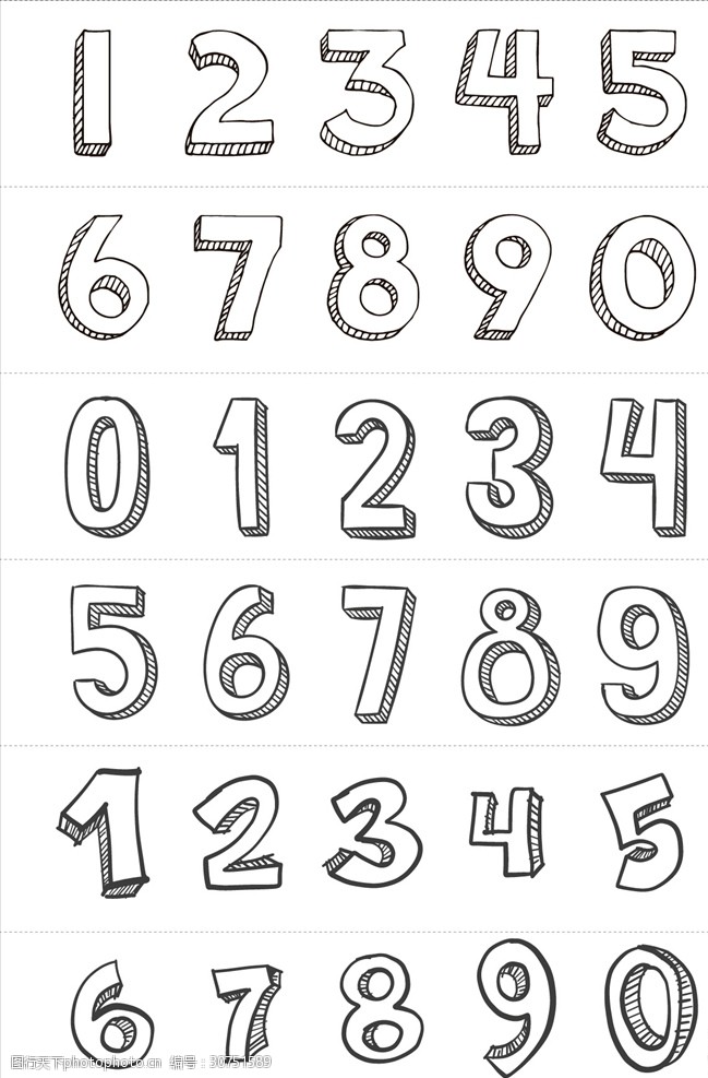 矢量手绘线条立体倒计时数字
