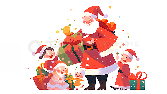 圣诞节圣诞集市圣诞老人给孩子们分发糖果和礼物扁平风插画
