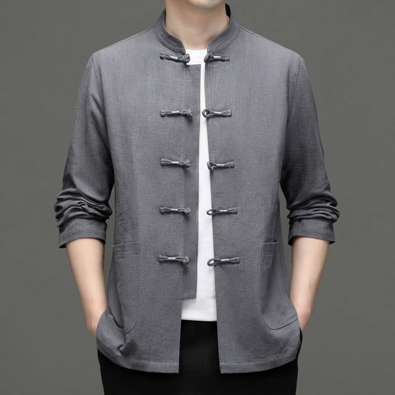 棉麻唐装男长袖套装春秋亚麻中国风男装中式汉服复古风禅修居士服