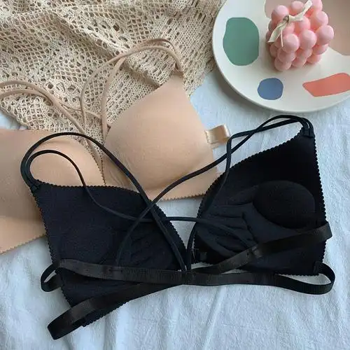 实拍实价交叉肩带性感美背抹胸无钢圈前排扣一片式小胸聚拢内衣