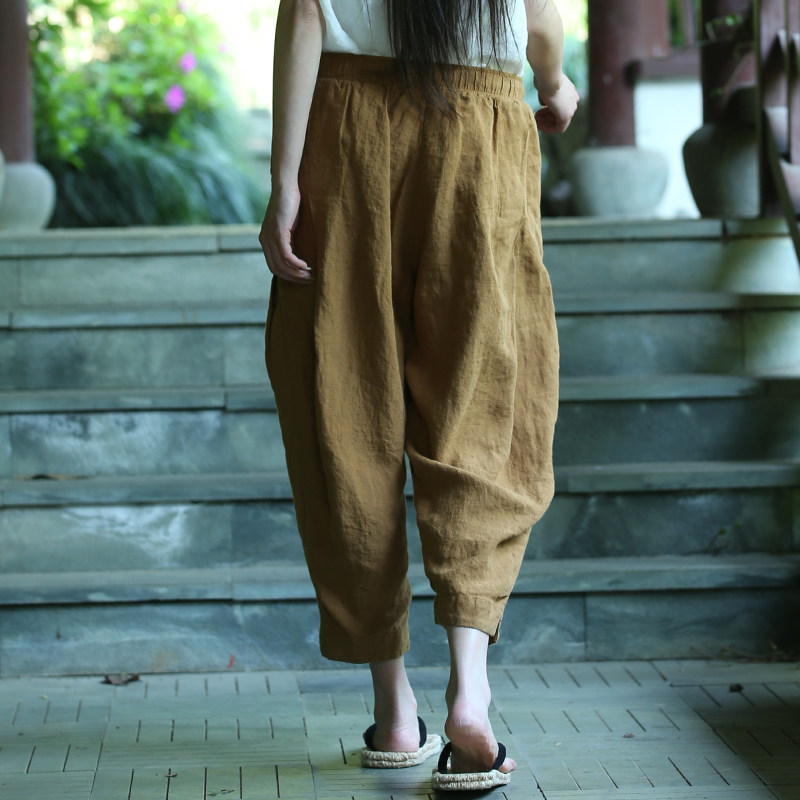 古石后原创布衣砂黄色亚麻灯笼裤松紧腰抽绳宽松九分小脚休闲裤女