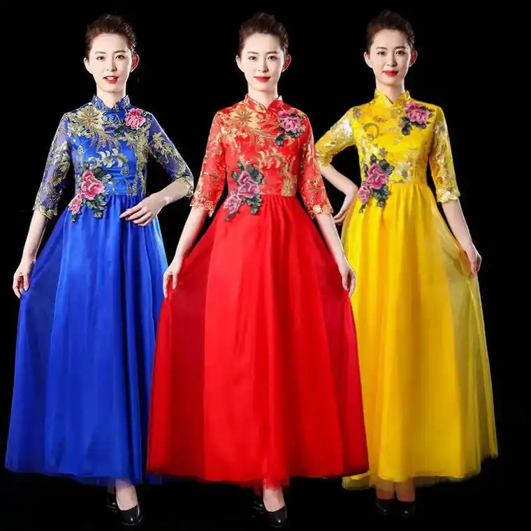 合唱团演出服女长裙成人新款中老年大合唱独唱礼服现代舞台服 - 抖音