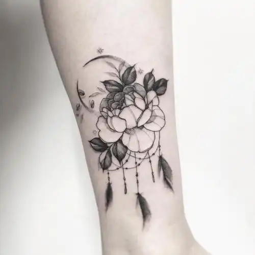 小腿小清新牡丹纹身图案