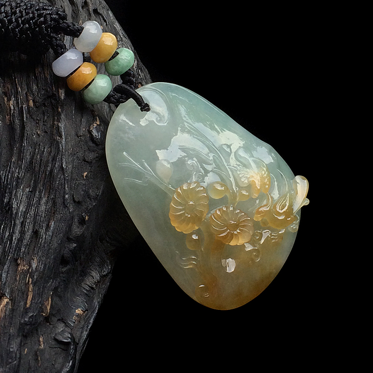 糯冰种晴水黄翡鸟语花香挂件 - 花鸟鱼虫 - 翡翠王朝