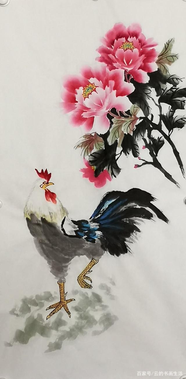 公鸡回头被一朵牡丹花吸引了,与花朵有一种呼应关系,公鸡动态十足!