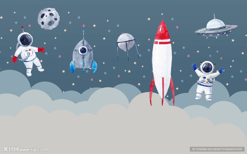 卡通儿童太空宇航员背景墙壁画