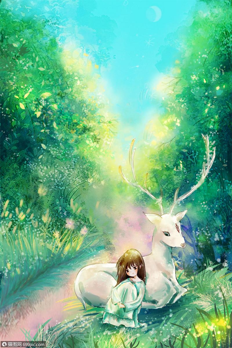 春季踏春郊游小女孩和鹿海报背景