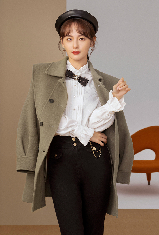 红袖张嘉倪同款双面毛呢大衣2021冬季新款女装系带双排扣灯笼袖气质