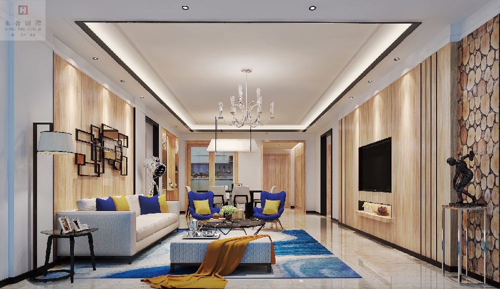 客厅只做了简单的直线造型.,在原天花上用ici扫白,并装上筒灯.