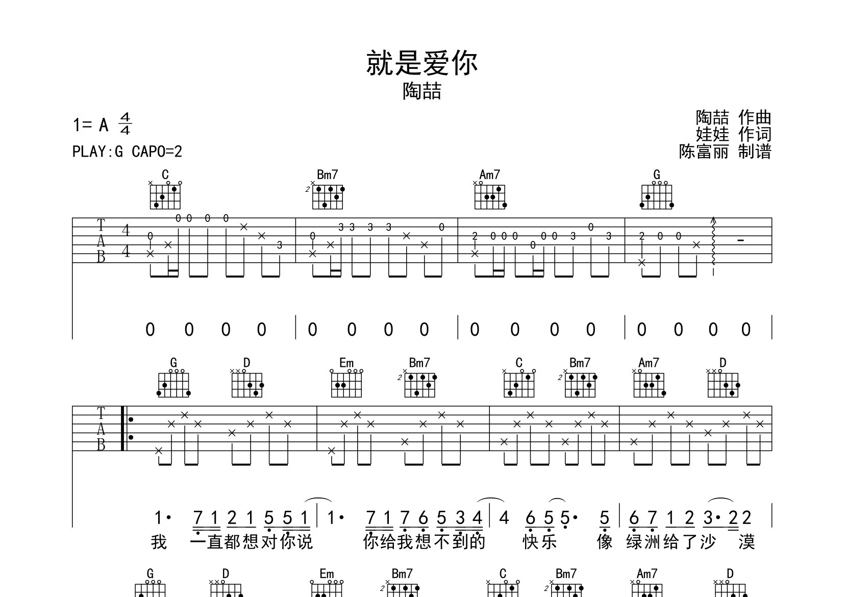 就是爱你吉他谱_陶喆_g调弹唱六线谱_断湘弦上传