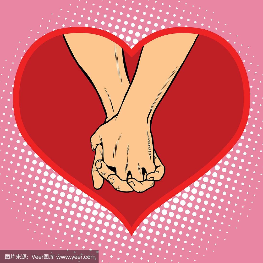 男性和女性手牵手在一起,红色的心象征着爱情