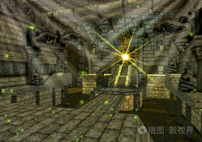 一个充满石头雕像的幻想玛雅神庙的场景.