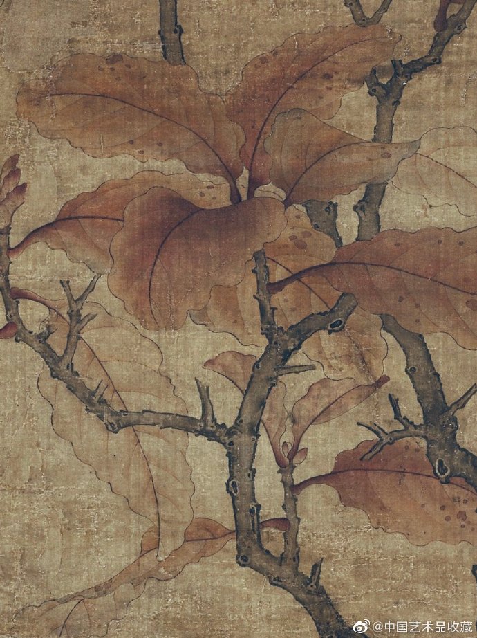 花鸟画#【 北宋 崔白 《丹枫鸟鹊》 】立轴,绢本设色,82×49.