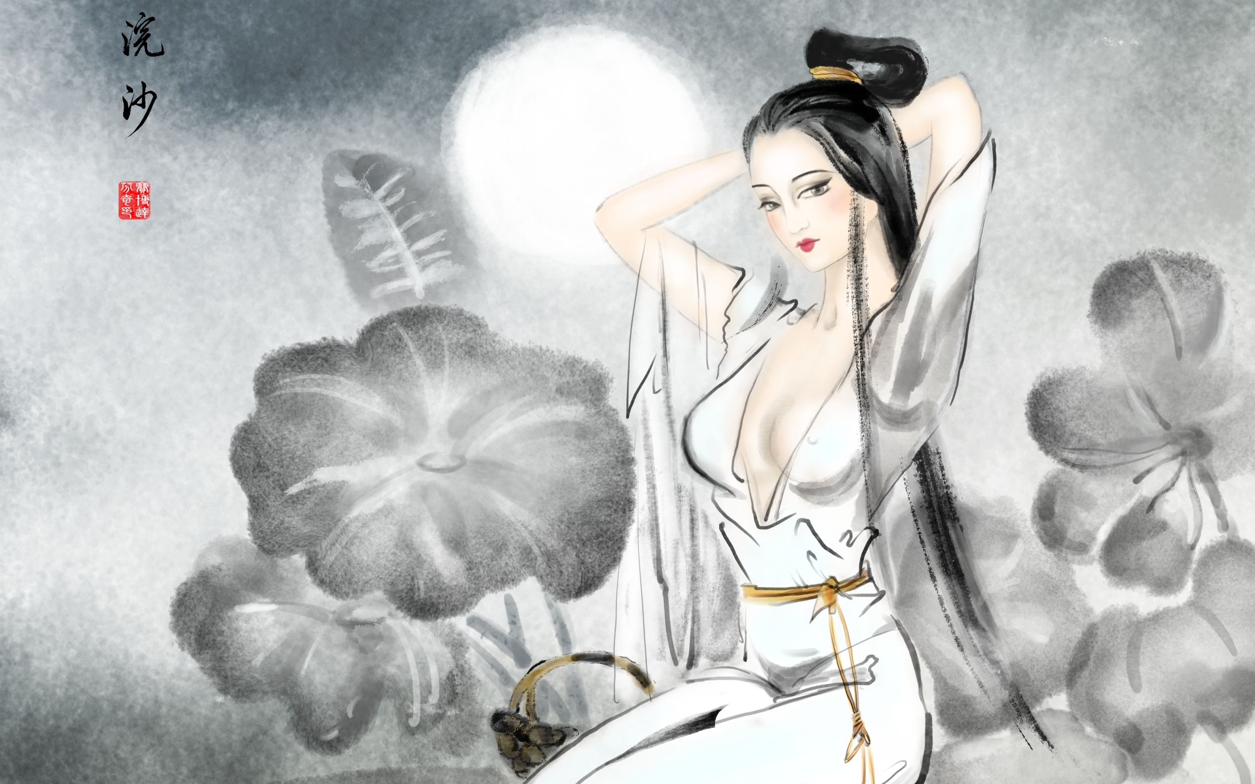 水墨西施浣纱图krita板绘