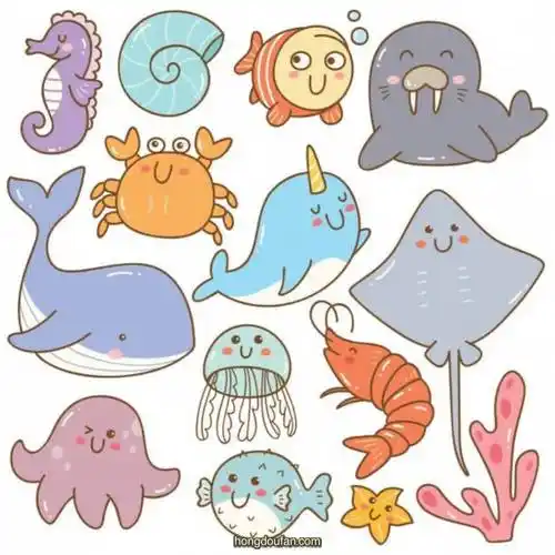 海底世界的海洋生物简笔画大全章鱼刺豚大虾螃蟹海星鲸鱼独角鲸珊瑚简