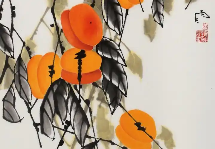 苗雨 四尺三开国画柿子《事事如意》 - 柿柿如意 - 99字画网