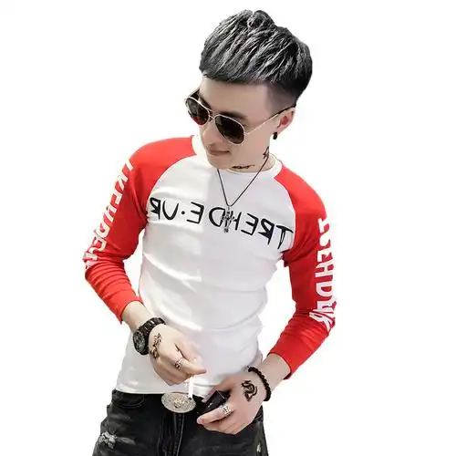 社会小伙潮流长袖t恤圆领修身印花字母小衫夜店男紧身体恤打底衫 - 倪