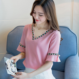 夏装新款宽松v领t恤女士短款上衣韩版百搭夏天衣服女 短袖雪纺衫