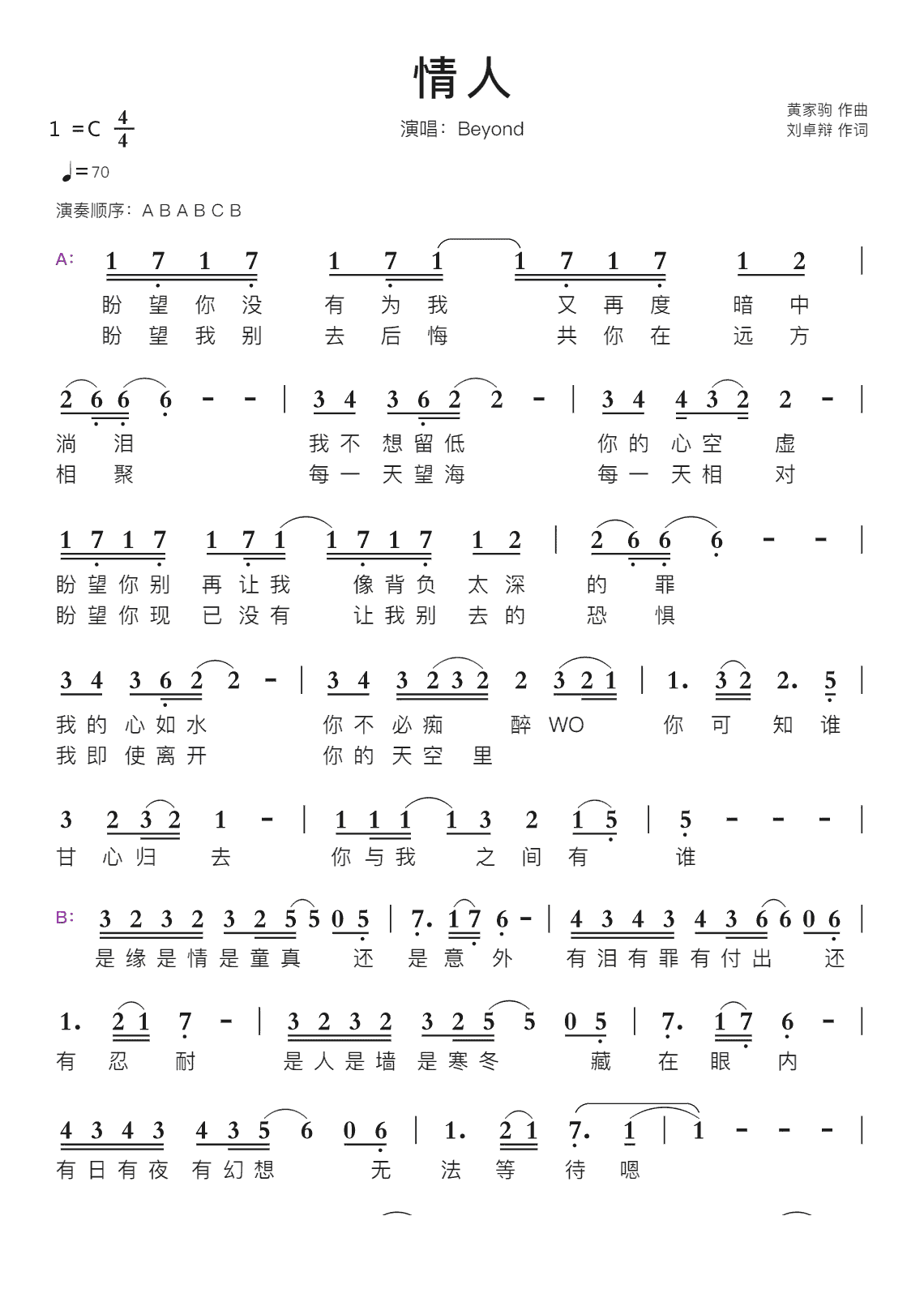 情人智能简谱演唱beyond
