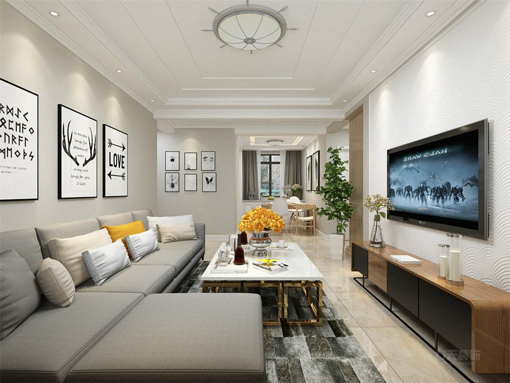 电视背景墙采用石膏线圈边中间刷硅藻泥的形式,整体采用奶咖色乳胶漆