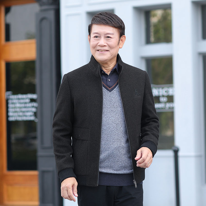 baluoshang爸爸秋装外套中年男秋冬装棉衣爷爷老爸中老年人毛呢子夹克