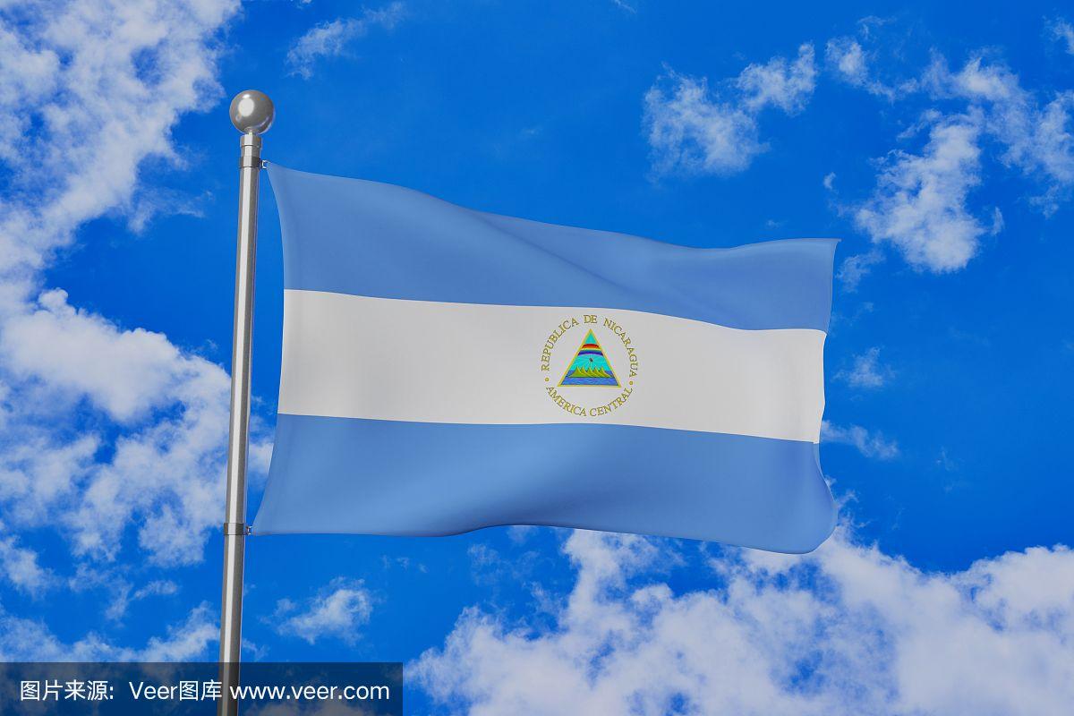 尼加拉瓜国旗孤立地飘扬在蓝色多云的天空中