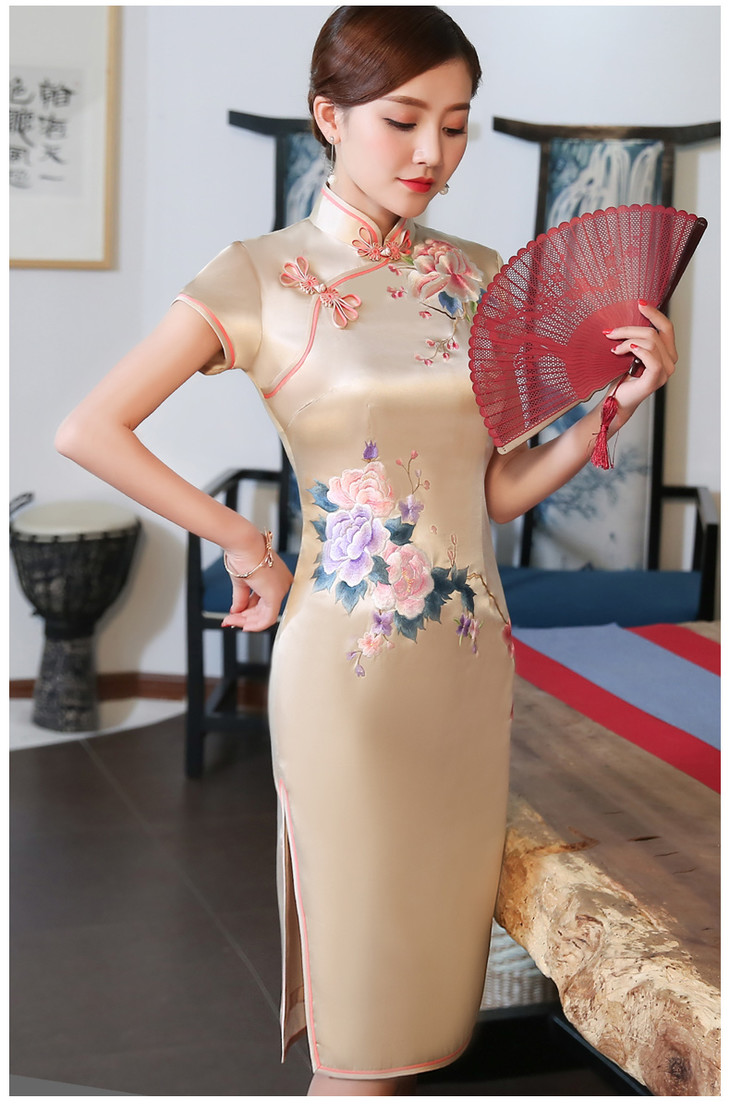 xgt q8298 重磅真丝手推绣花旗袍 金牡丹 新款改良复古礼服裙 可定制