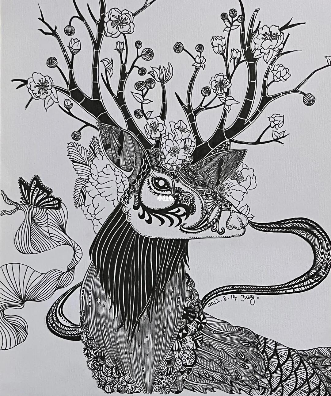 动物系列麋鹿黑白线描创意绘制