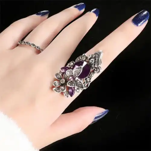 韩国夸张蝴蝶花朵水晶戒指女日韩饰品潮人食指个性两件套指环