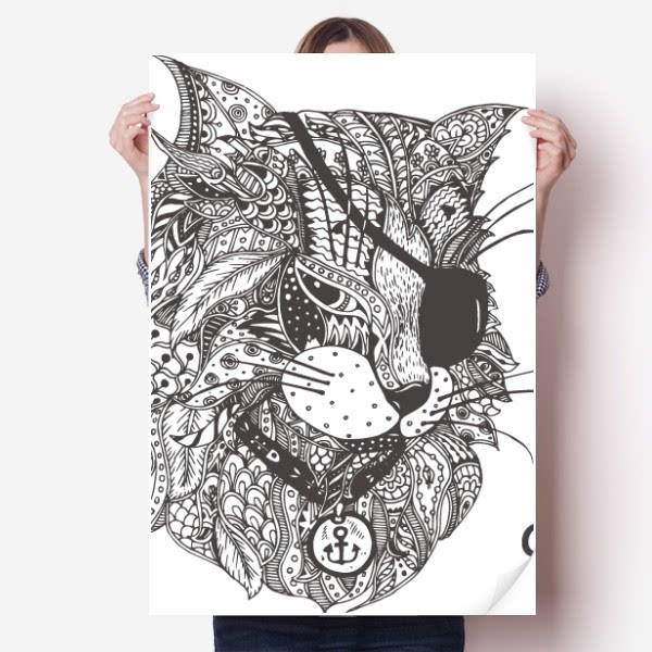 猫咪人类绘画一只眼睛海报贴纸80x55cm墙贴纸卧室家居装饰