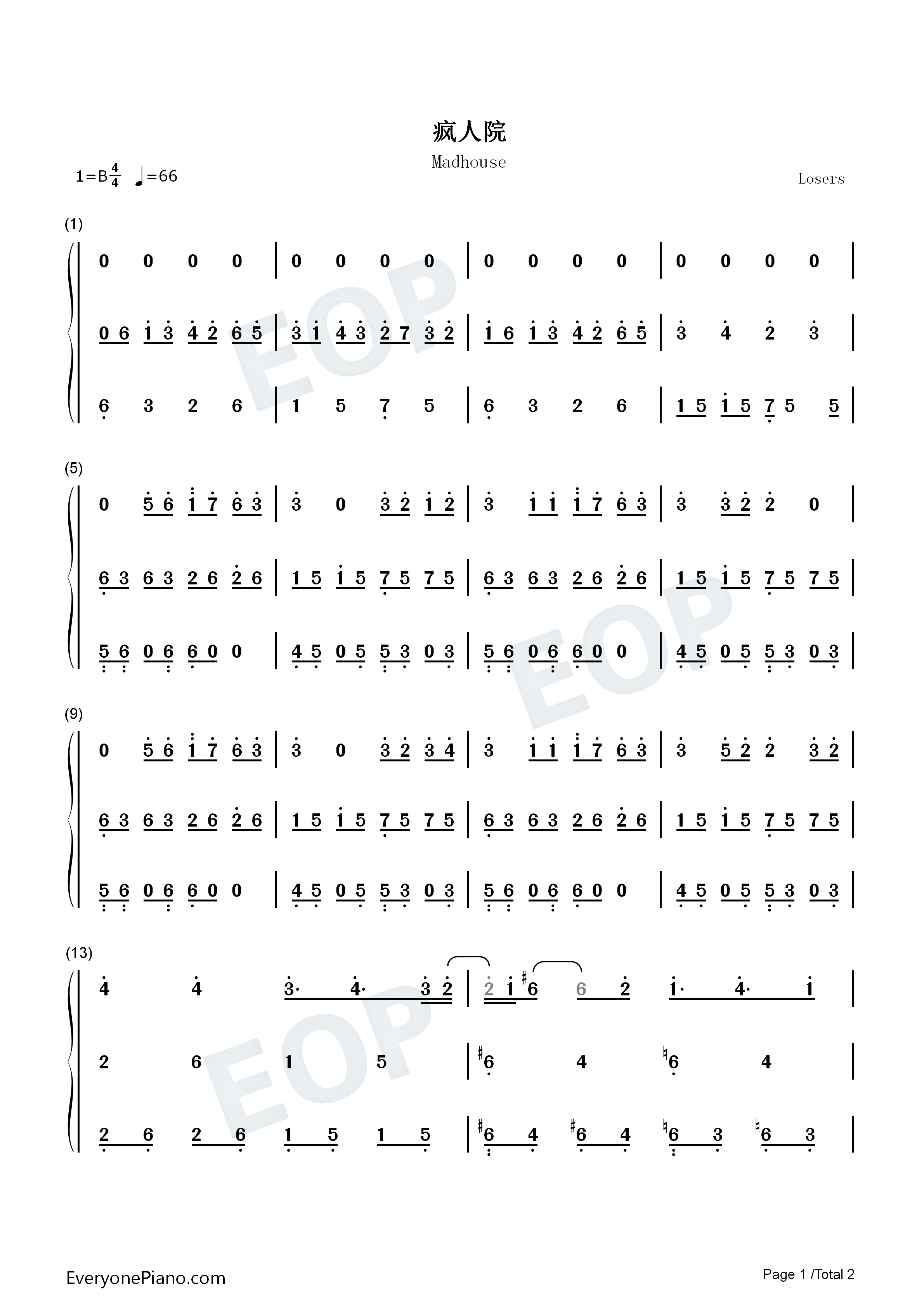 疯人院-华晨宇-钢琴谱文件(五线谱,双手简谱,数字谱,midi,pdf)免费