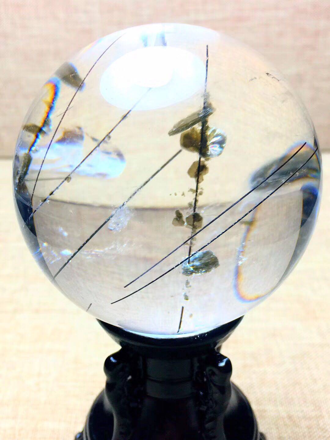 收藏品黑碧玺水晶球摆件云母钱串连连发水晶球摆件有球必应