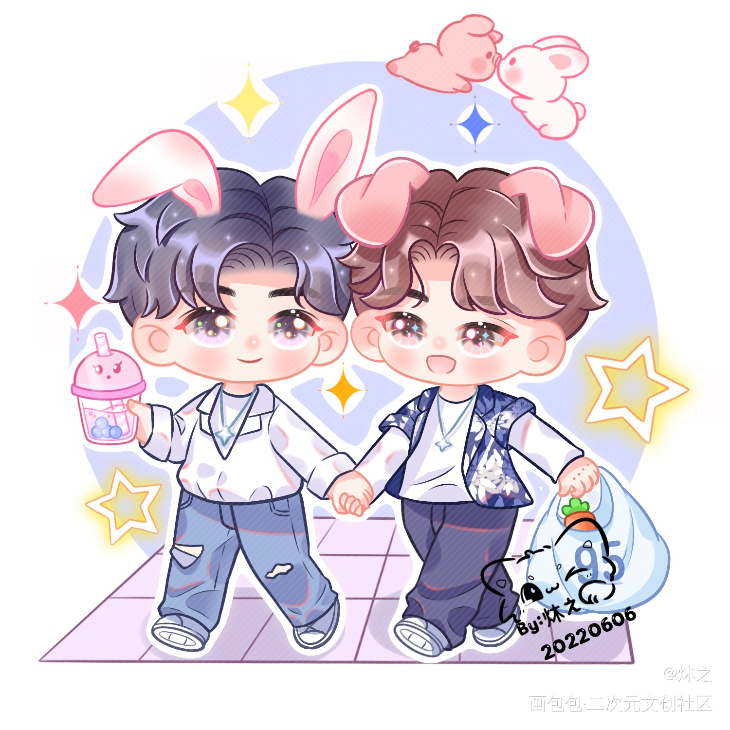 肖战,王一博平涂q版bjyx肖战博君一肖王一博绘画作品