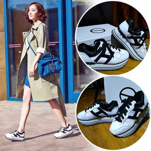 明星同款杨幂厚底松糕小白鞋女2016秋冬百搭真皮增高休闲系带单鞋